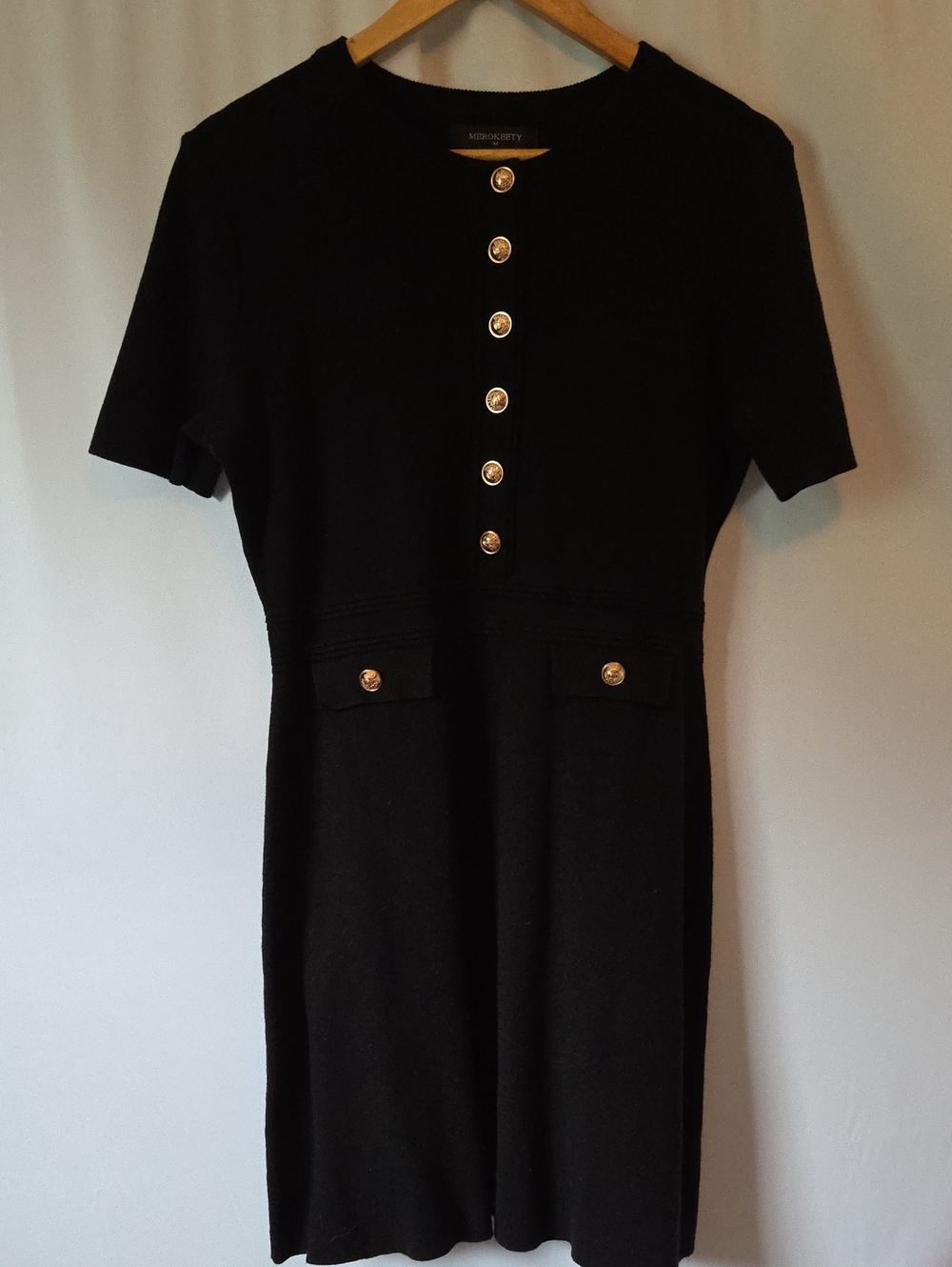 Merokeety Black Short-Sleeve Mini Sweater Dress with Gold-Tone Buttons